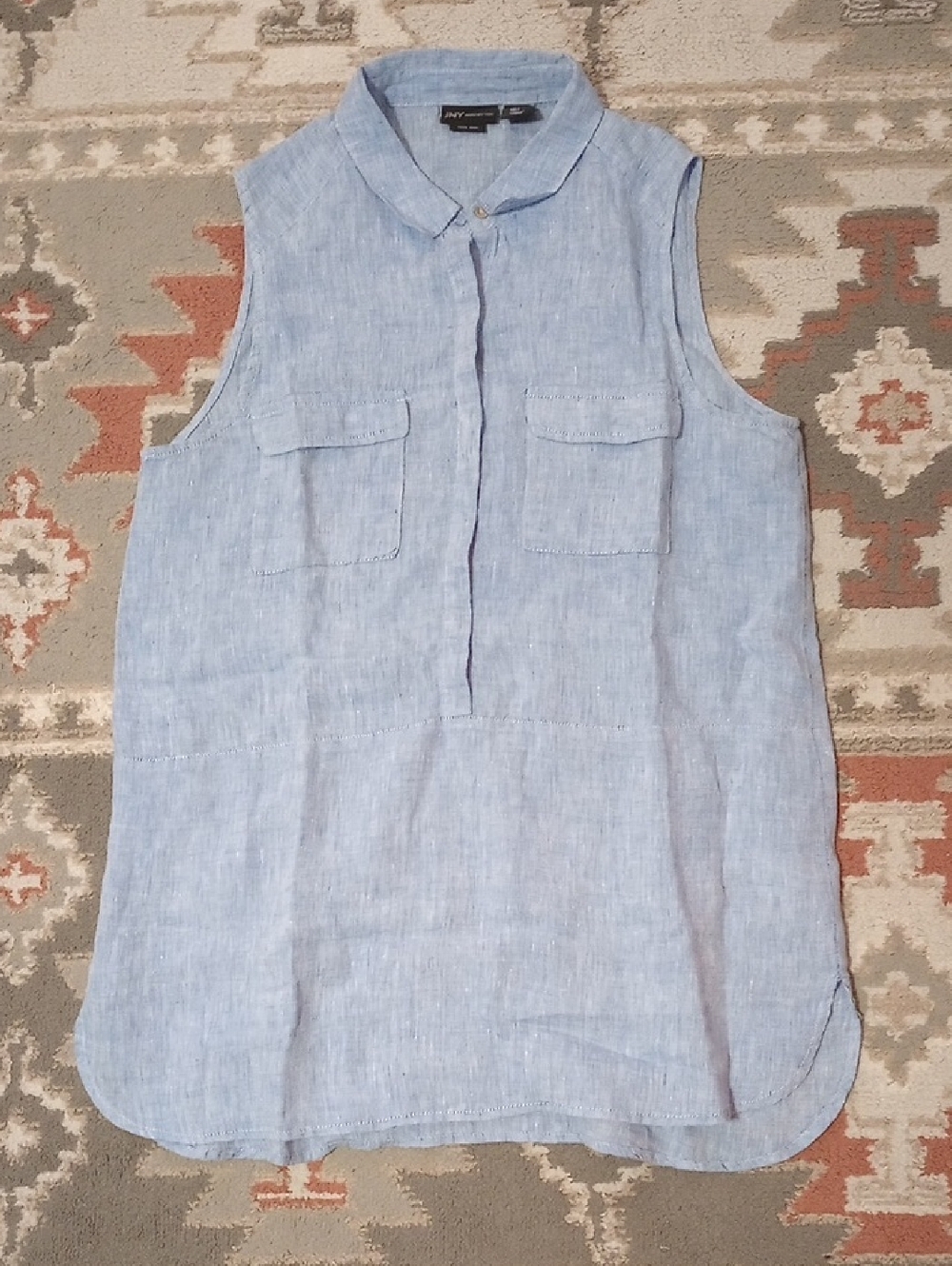 Jones New York Sleeveless Blue Linen-Blend Tunic Shirt